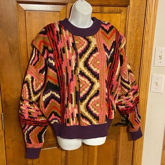 FARM Rio Red Striped Patchwork Sweater slouchy shoulders  chevron pattern Small - Picture 3 of 10
